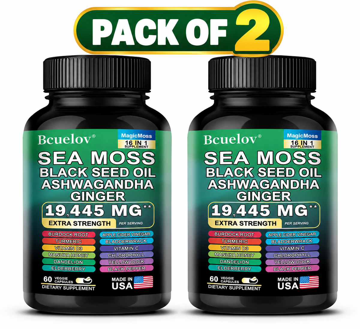 Bcuelov Sea Moss 16-in-1 Supplement with Black Seed Oil, Ashwagandha, Turmeric & Ginger – 60 Veggie Capsules – Pack of 2 (120 Total)
